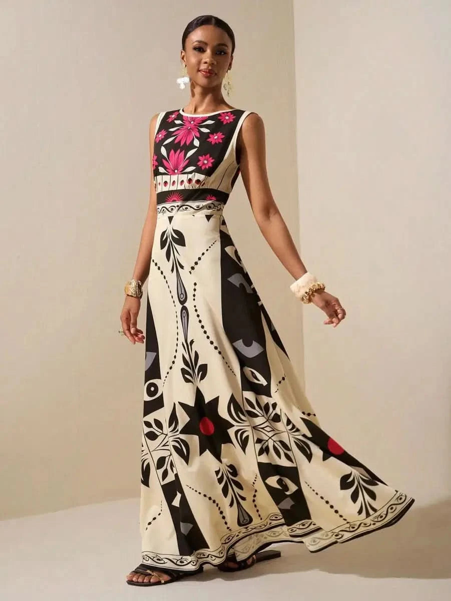 Boho Ethnic Maxi Dress with Graphic Print and Floral Accents – Modern Elegance - Satin Whisper