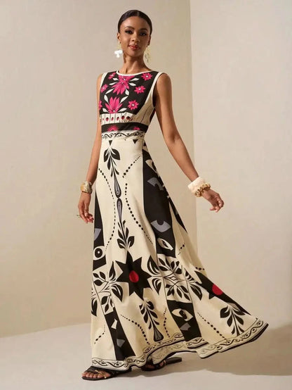 Boho Ethnic Maxi Dress with Graphic Print and Floral Accents – Modern Elegance - Satin Whisper