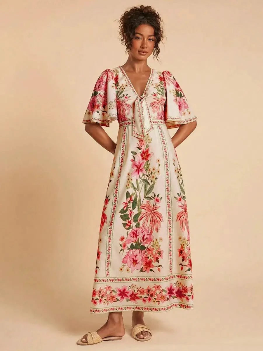 Boho Floral Maxi Dress with Flounce Sleeves and Front Tie – Resort Chic Style - Satin Whisper