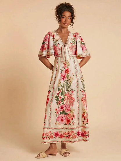 Boho Floral Maxi Dress with Flounce Sleeves and Front Tie – Resort Chic Style - Satin Whisper