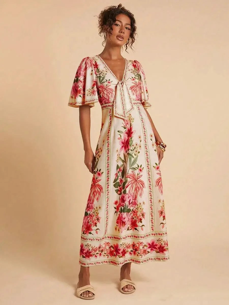 Boho Floral Maxi Dress with Flounce Sleeves and Front Tie – Resort Chic Style - Satin Whisper