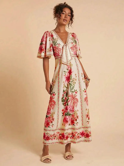 Boho Floral Maxi Dress with Flounce Sleeves and Front Tie – Resort Chic Style - Satin Whisper