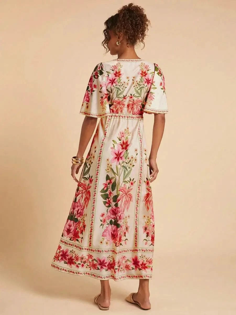 Boho Floral Maxi Dress with Flounce Sleeves and Front Tie – Resort Chic Style - Satin Whisper