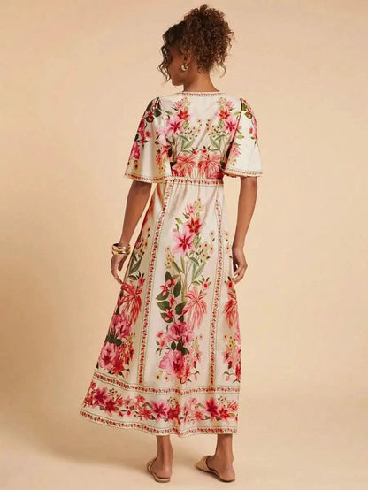 Boho Floral Maxi Dress with Flounce Sleeves and Front Tie – Resort Chic Style - Satin Whisper