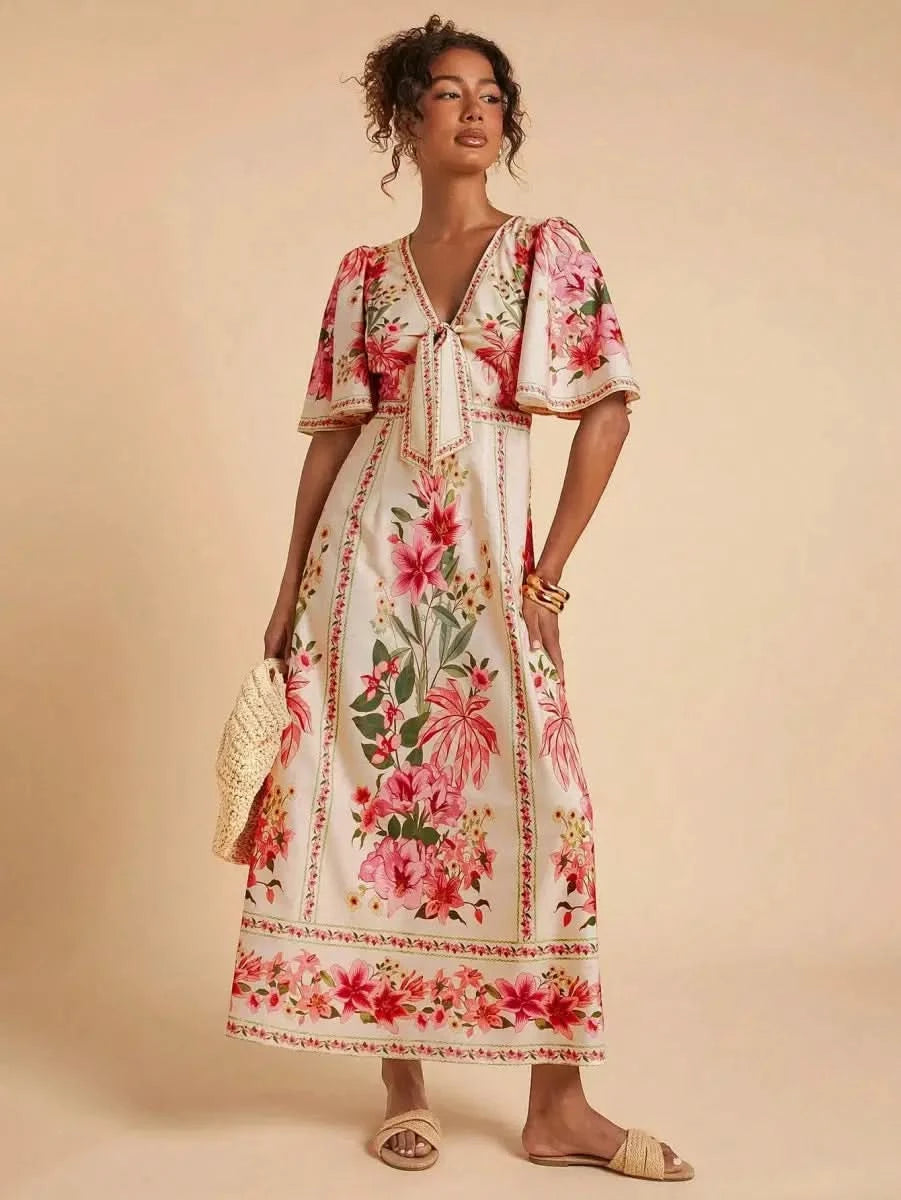 Boho Floral Maxi Dress with Flounce Sleeves and Front Tie – Resort Chic Style - Satin Whisper
