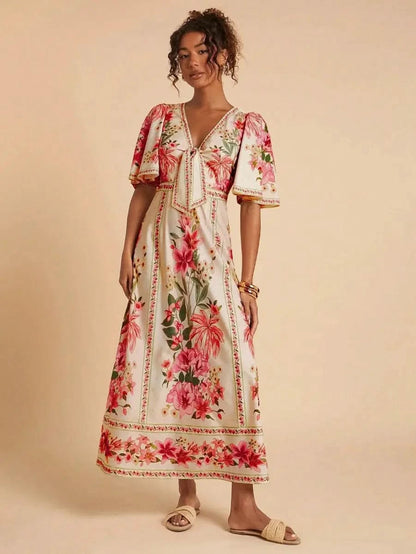 Boho Floral Maxi Dress with Flounce Sleeves and Front Tie – Resort Chic Style - Satin Whisper