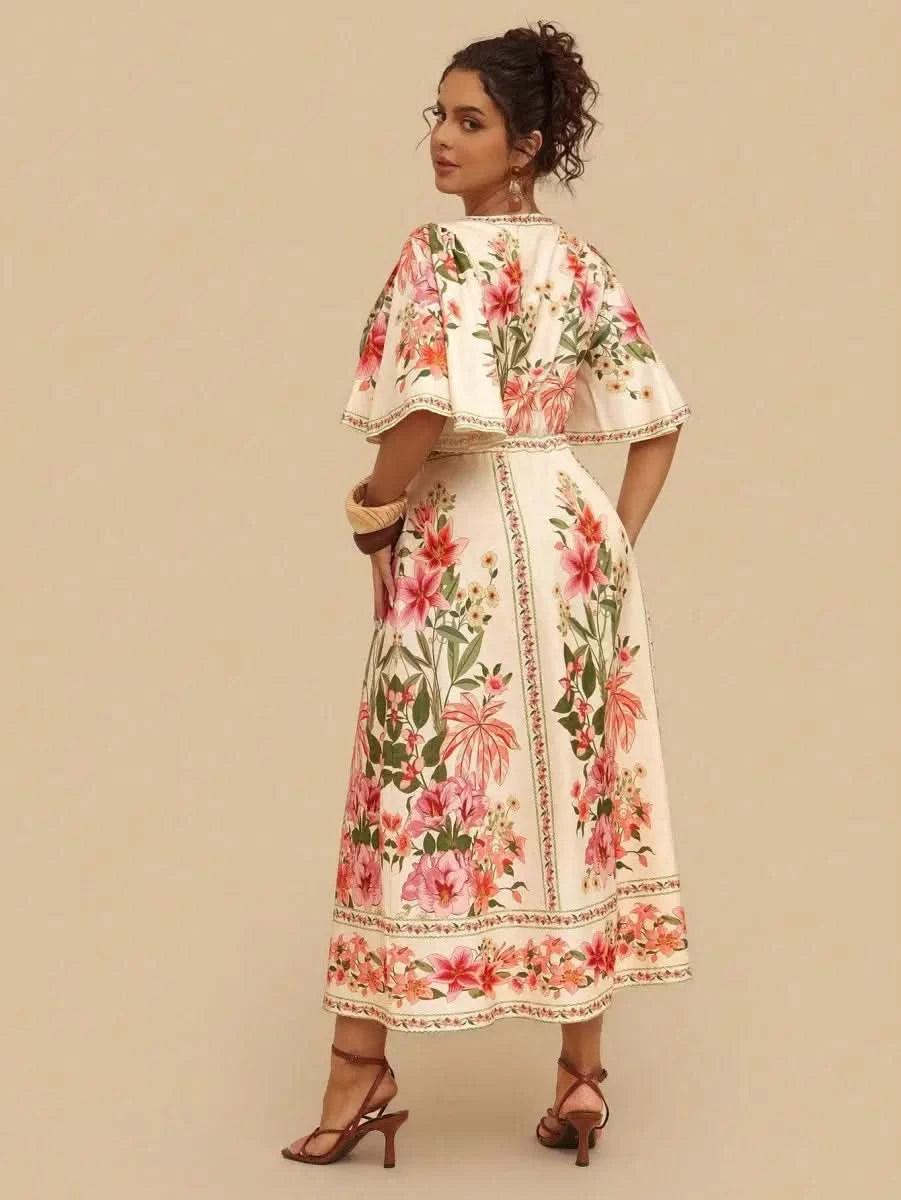 Boho Floral Maxi Dress with Flounce Sleeves and Front Tie – Resort Chic Style - Satin Whisper