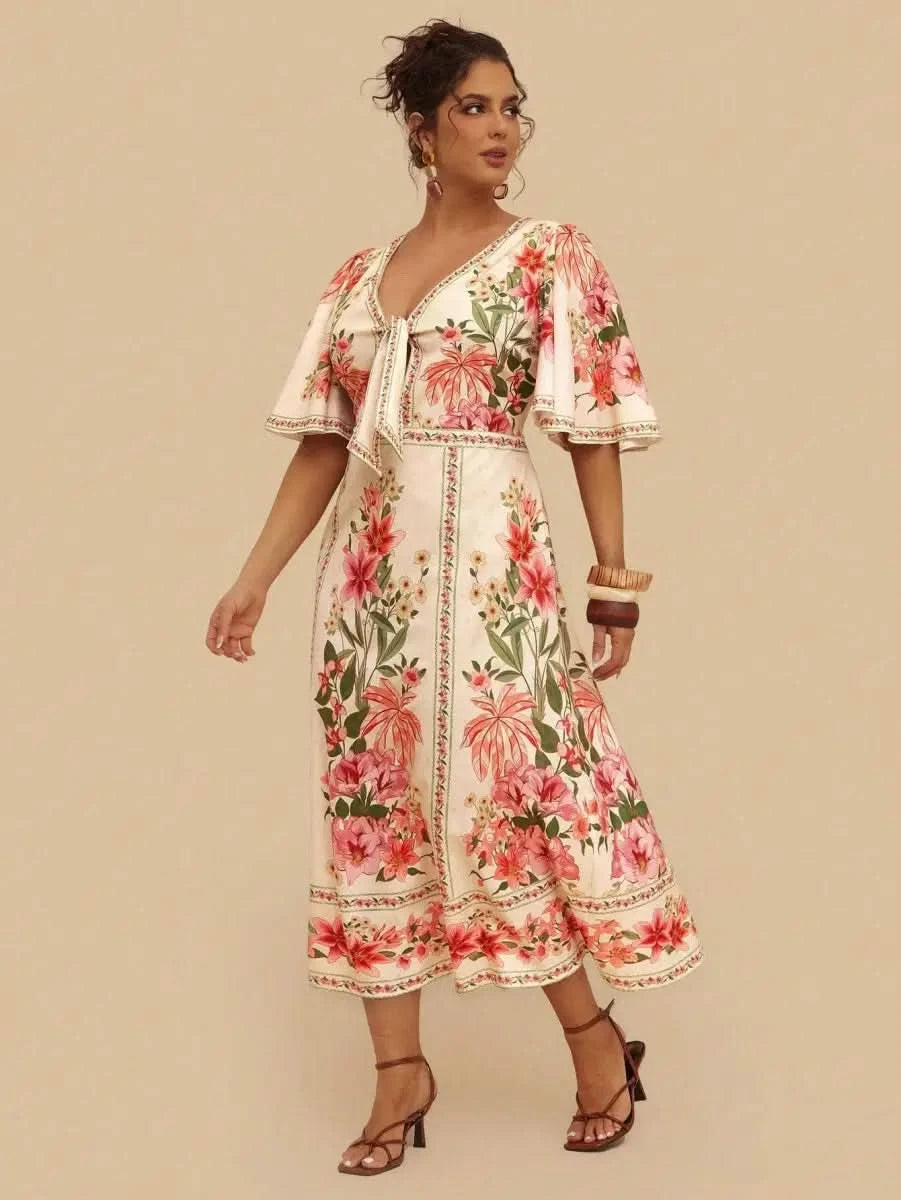 Boho Floral Maxi Dress with Flounce Sleeves and Front Tie – Resort Chic Style - Satin Whisper