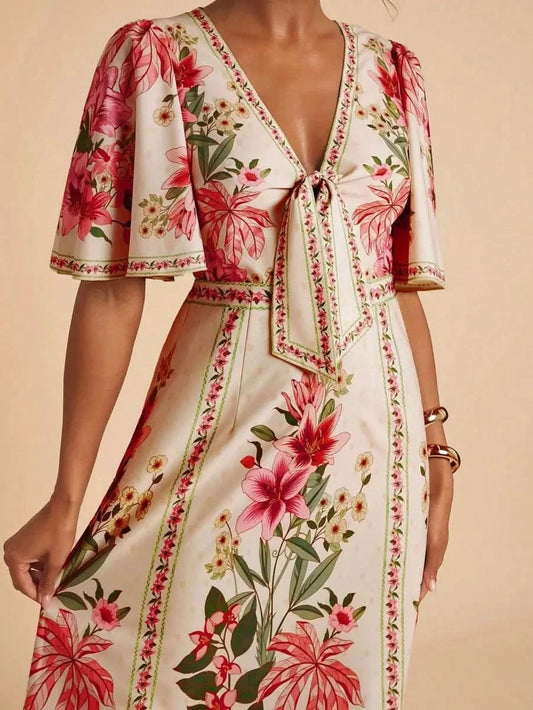 Boho Floral Maxi Dress with Flounce Sleeves and Front Tie – Resort Chic Style - Satin Whisper