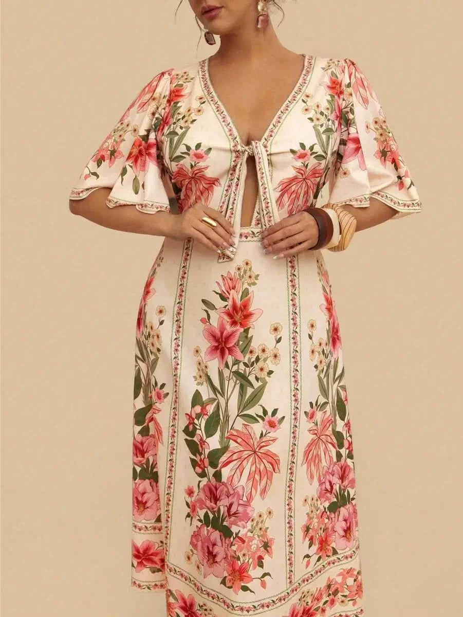 Boho Floral Maxi Dress with Flounce Sleeves and Front Tie – Resort Chic Style - Satin Whisper