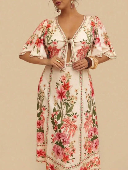 Boho Floral Maxi Dress with Flounce Sleeves and Front Tie – Resort Chic Style - Satin Whisper