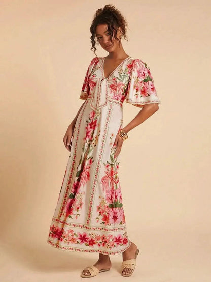 Boho Floral Maxi Dress with Flounce Sleeves and Front Tie – Resort Chic Style - Satin Whisper
