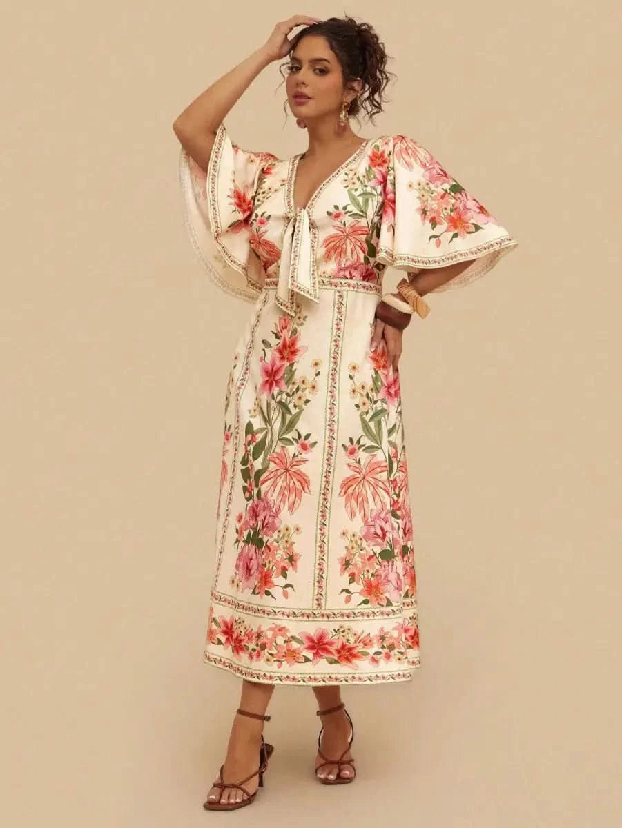 Boho Floral Maxi Dress with Flounce Sleeves and Front Tie – Resort Chic Style - Satin Whisper