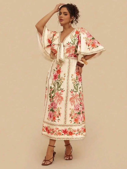 Boho Floral Maxi Dress with Flounce Sleeves and Front Tie – Resort Chic Style - Satin Whisper