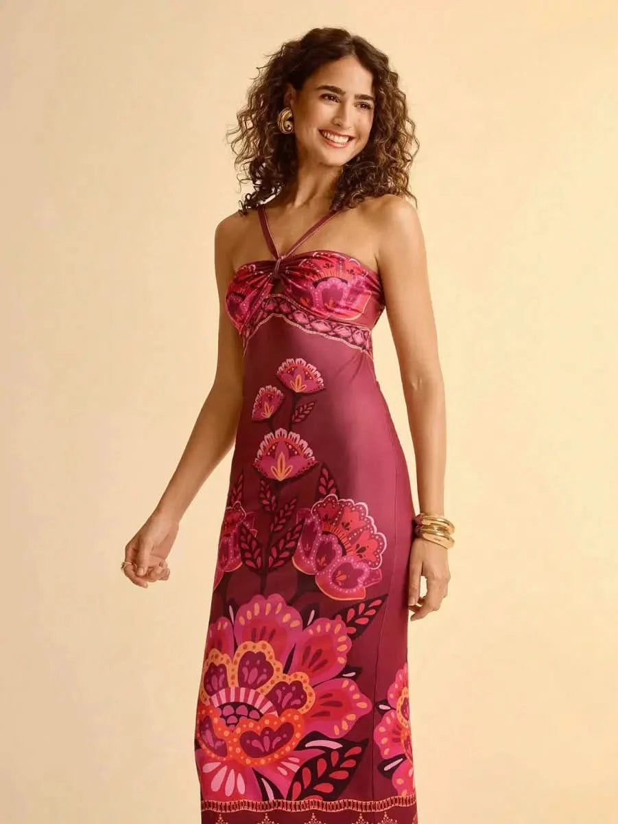 Boho Floral Midi Dress in Wine with Spaghetti Straps & Cut - Out Detail - Satin Whisper