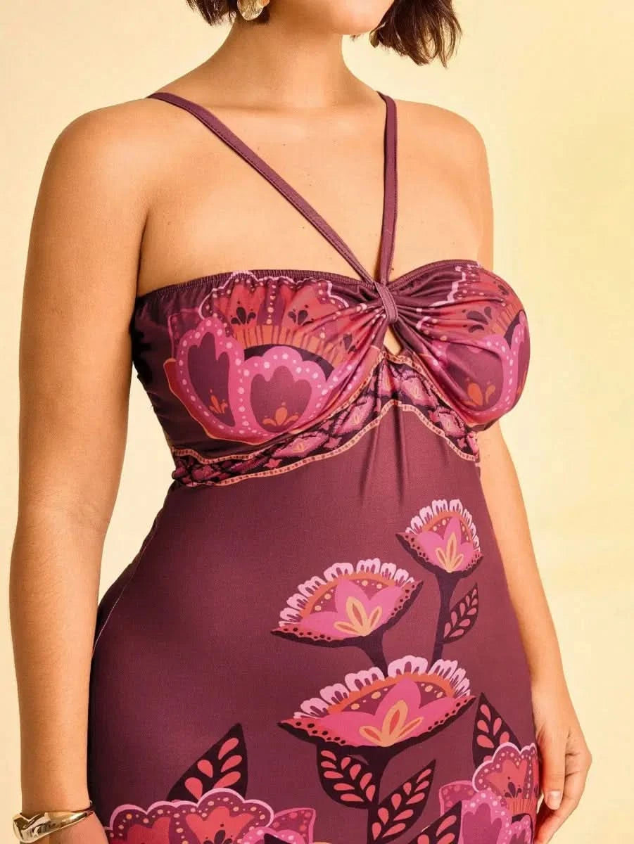 Boho Floral Midi Dress in Wine with Spaghetti Straps & Cut - Out Detail - Satin Whisper
