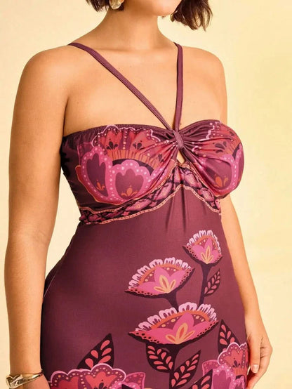 Boho Floral Midi Dress in Wine with Spaghetti Straps & Cut - Out Detail - Satin Whisper