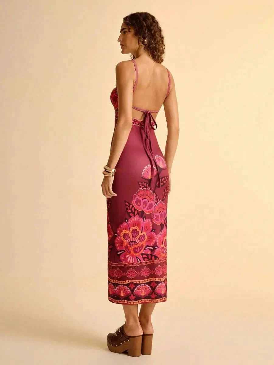 Boho Floral Midi Dress in Wine with Spaghetti Straps & Cut - Out Detail - Satin Whisper