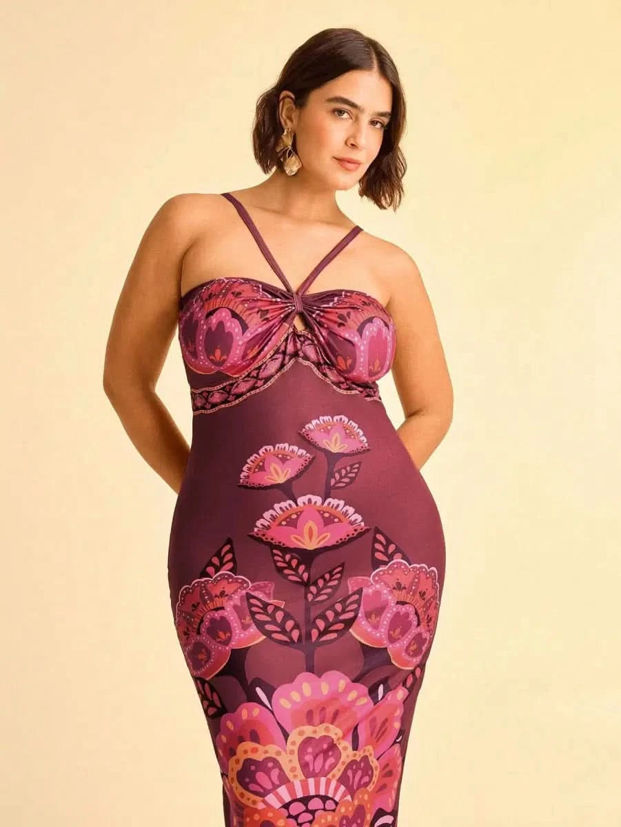 Boho Floral Midi Dress in Wine with Spaghetti Straps & Cut - Out Detail - Satin Whisper