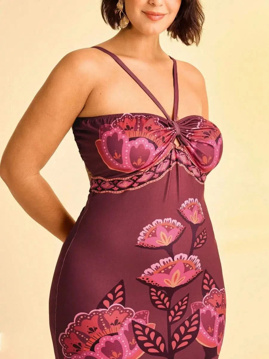 Boho Floral Midi Dress in Wine with Spaghetti Straps & Cut - Out Detail - Satin Whisper