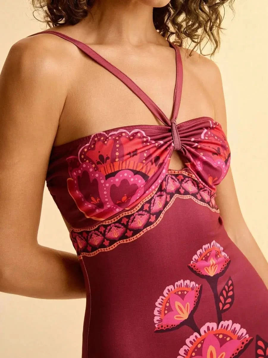 Boho Floral Midi Dress in Wine with Spaghetti Straps & Cut - Out Detail - Satin Whisper