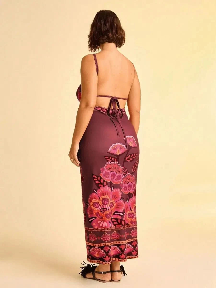 Boho Floral Midi Dress in Wine with Spaghetti Straps & Cut - Out Detail - Satin Whisper