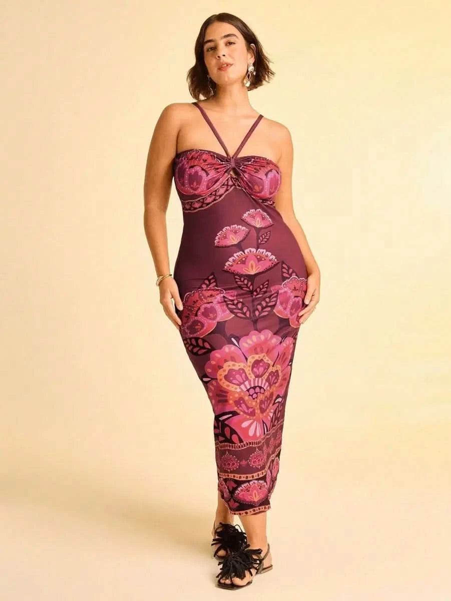Boho Floral Midi Dress in Wine with Spaghetti Straps & Cut - Out Detail - Satin Whisper