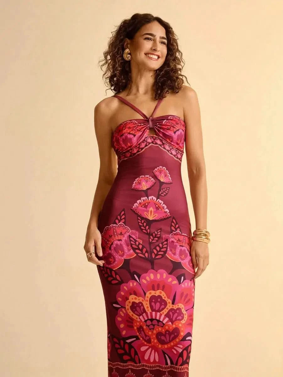 Boho Floral Midi Dress in Wine with Spaghetti Straps & Cut - Out Detail - Satin Whisper