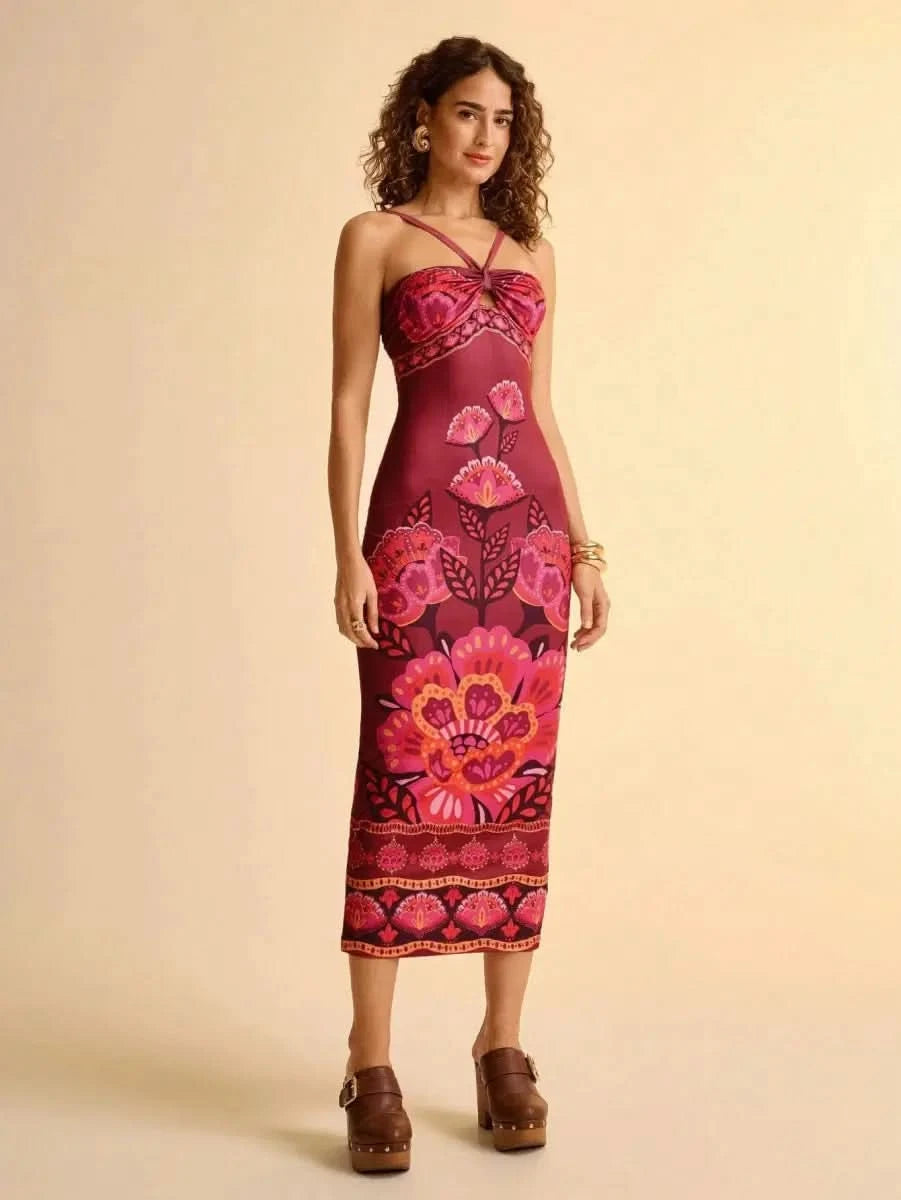 Boho Floral Midi Dress in Wine with Spaghetti Straps & Cut - Out Detail - Satin Whisper
