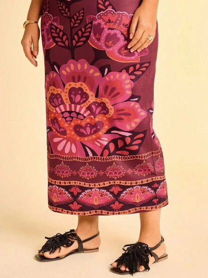 Boho Floral Midi Dress in Wine with Spaghetti Straps & Cut - Out Detail - Satin Whisper