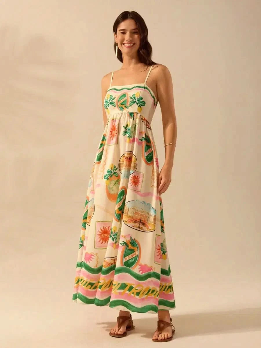 Boho Tropical Maxi Dress with Spaghetti Straps & Exclusive Print - Satin Whisper