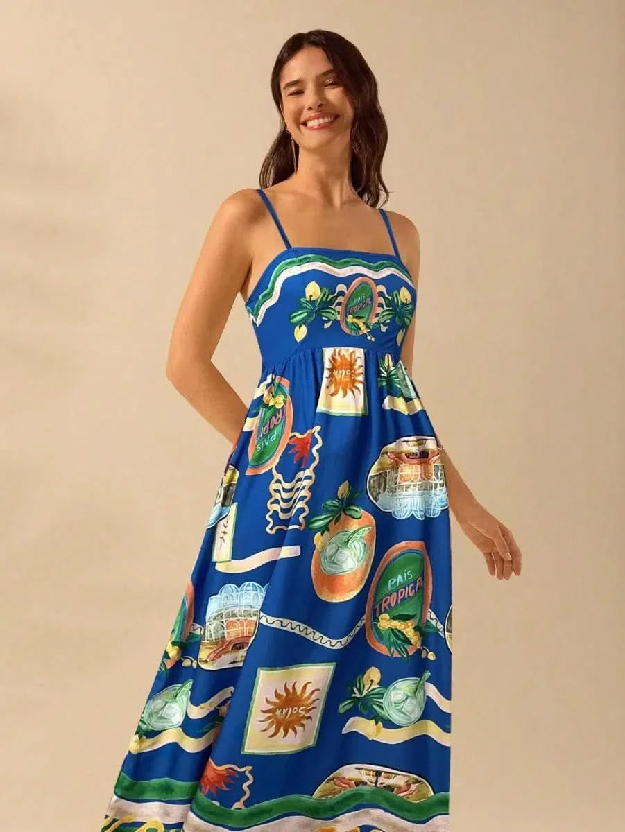 Boho Tropical Maxi Dress with Spaghetti Straps & Exclusive Print - Satin Whisper