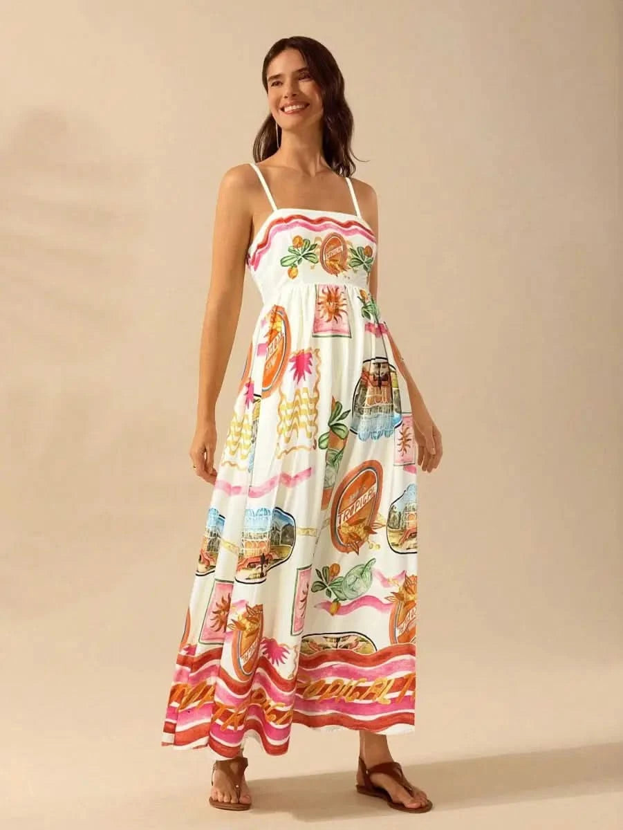 Boho Tropical Maxi Dress with Spaghetti Straps & Exclusive Print - Satin Whisper
