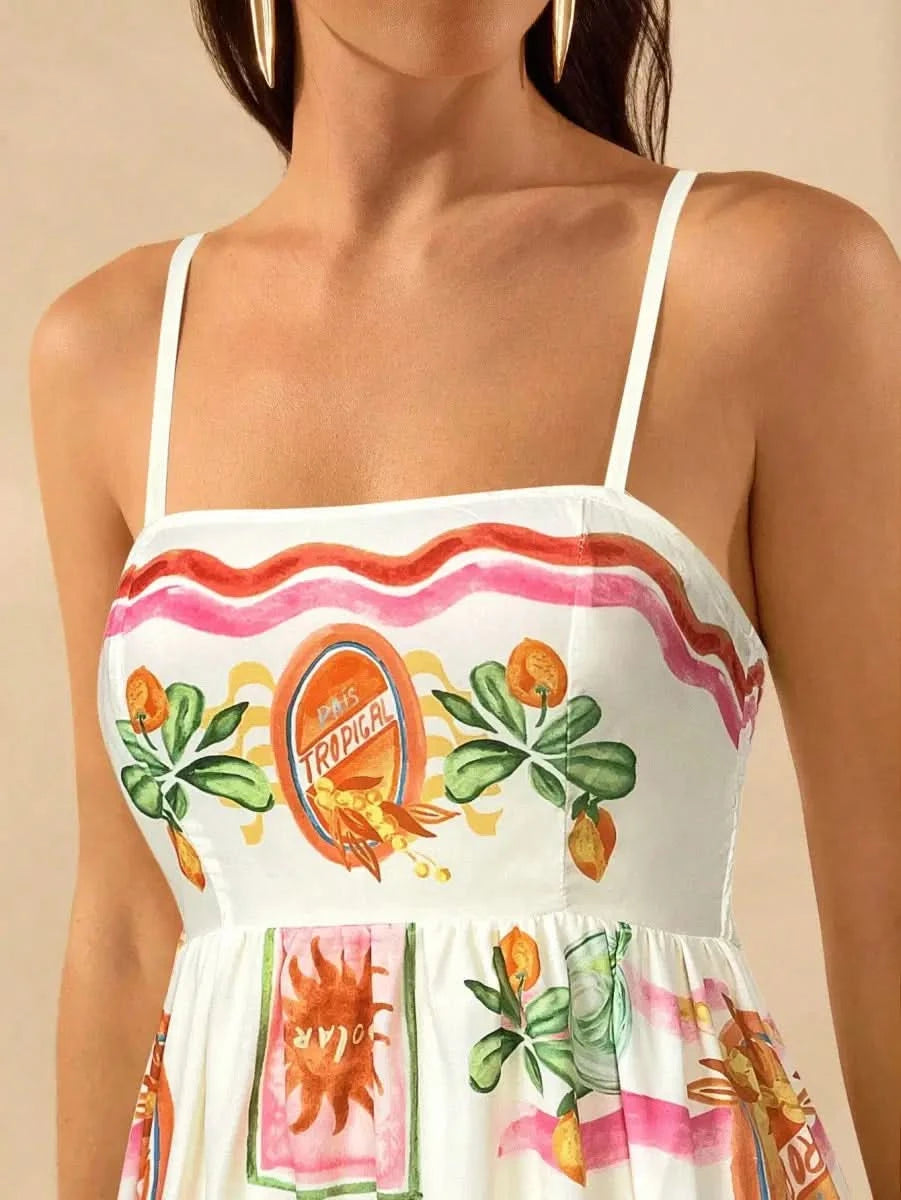 Boho Tropical Maxi Dress with Spaghetti Straps & Exclusive Print - Satin Whisper