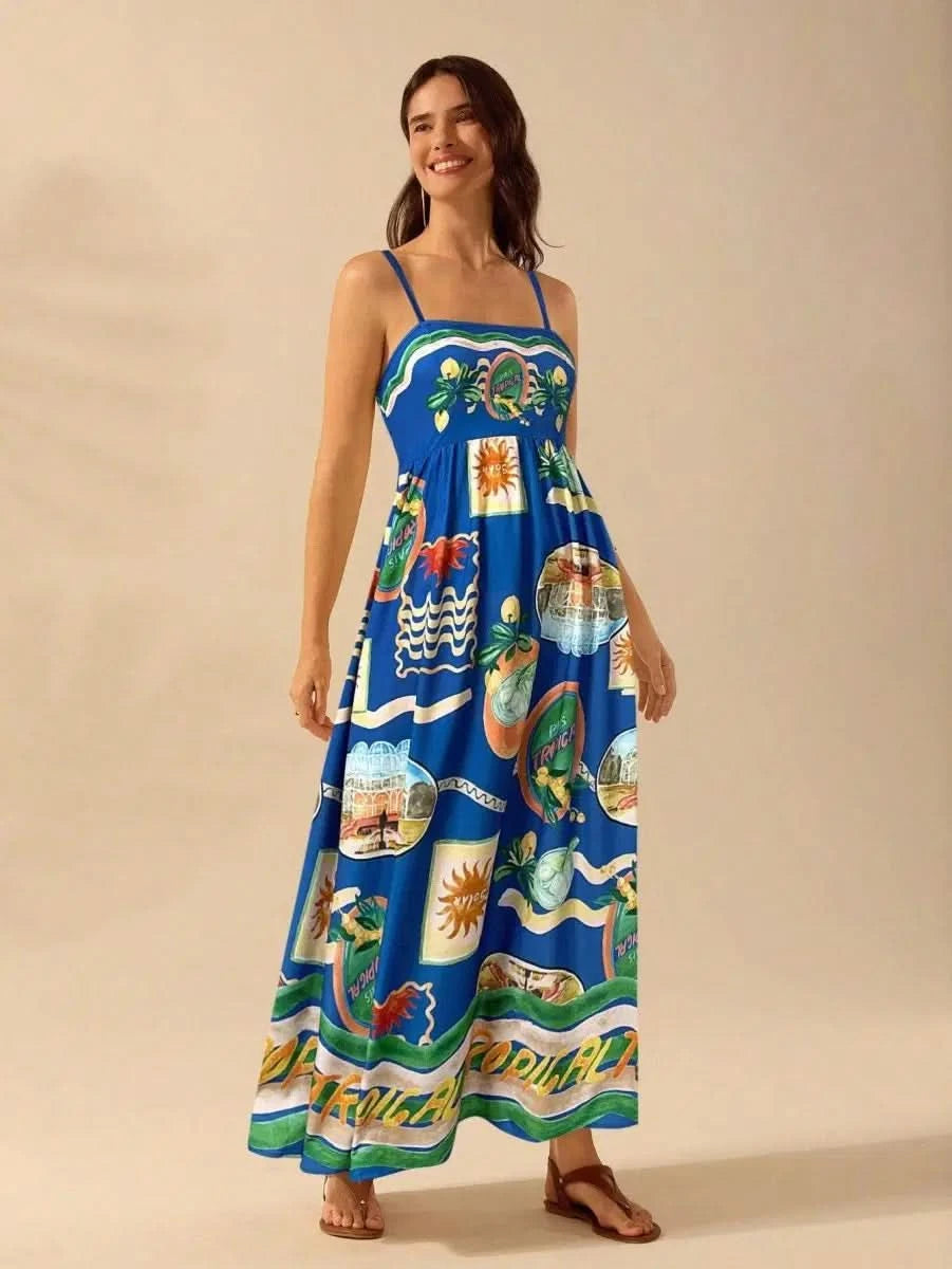 Boho Tropical Maxi Dress with Spaghetti Straps & Exclusive Print - Satin Whisper
