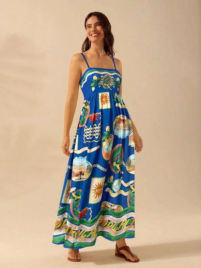 Boho Tropical Maxi Dress with Spaghetti Straps & Exclusive Print - Satin Whisper