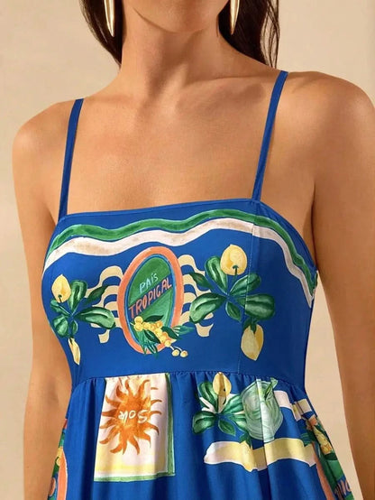 Boho Tropical Maxi Dress with Spaghetti Straps & Exclusive Print - Satin Whisper