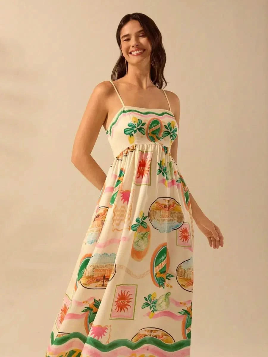 Boho Tropical Maxi Dress with Spaghetti Straps & Exclusive Print - Satin Whisper
