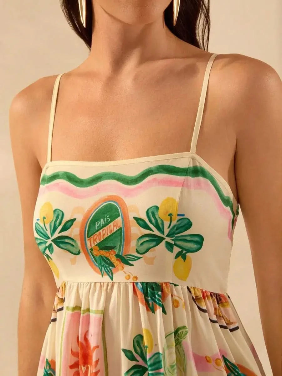 Boho Tropical Maxi Dress with Spaghetti Straps & Exclusive Print - Satin Whisper