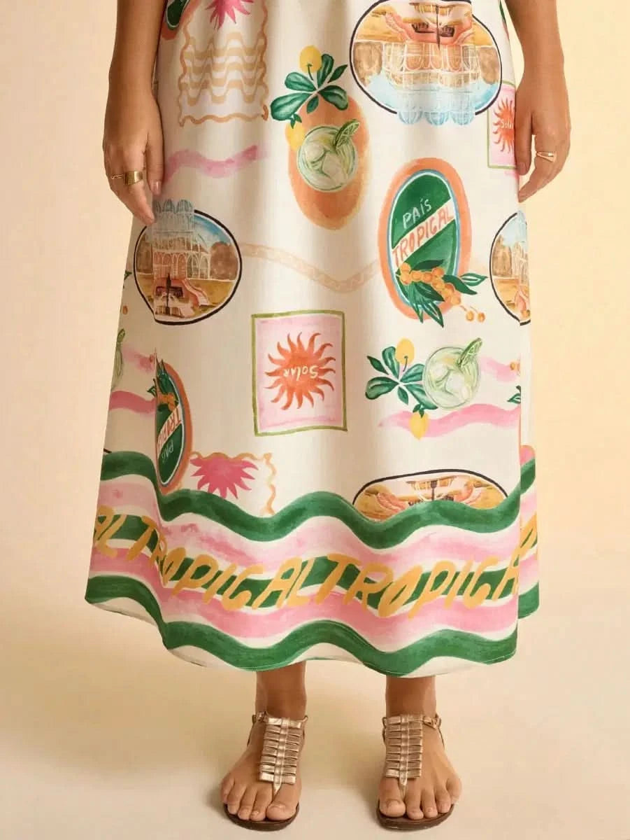 Boho Tropical Maxi Dress with Spaghetti Straps & Exclusive Print - Satin Whisper