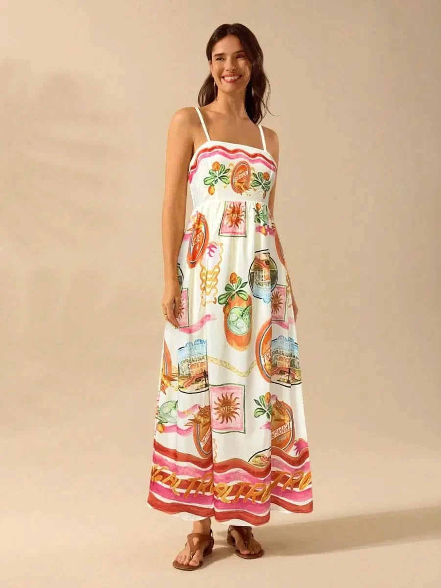 Boho Tropical Maxi Dress with Spaghetti Straps & Exclusive Print - Satin Whisper