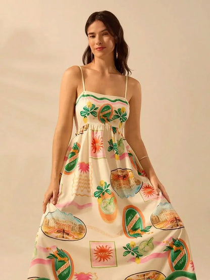 Boho Tropical Maxi Dress with Spaghetti Straps & Exclusive Print - Satin Whisper