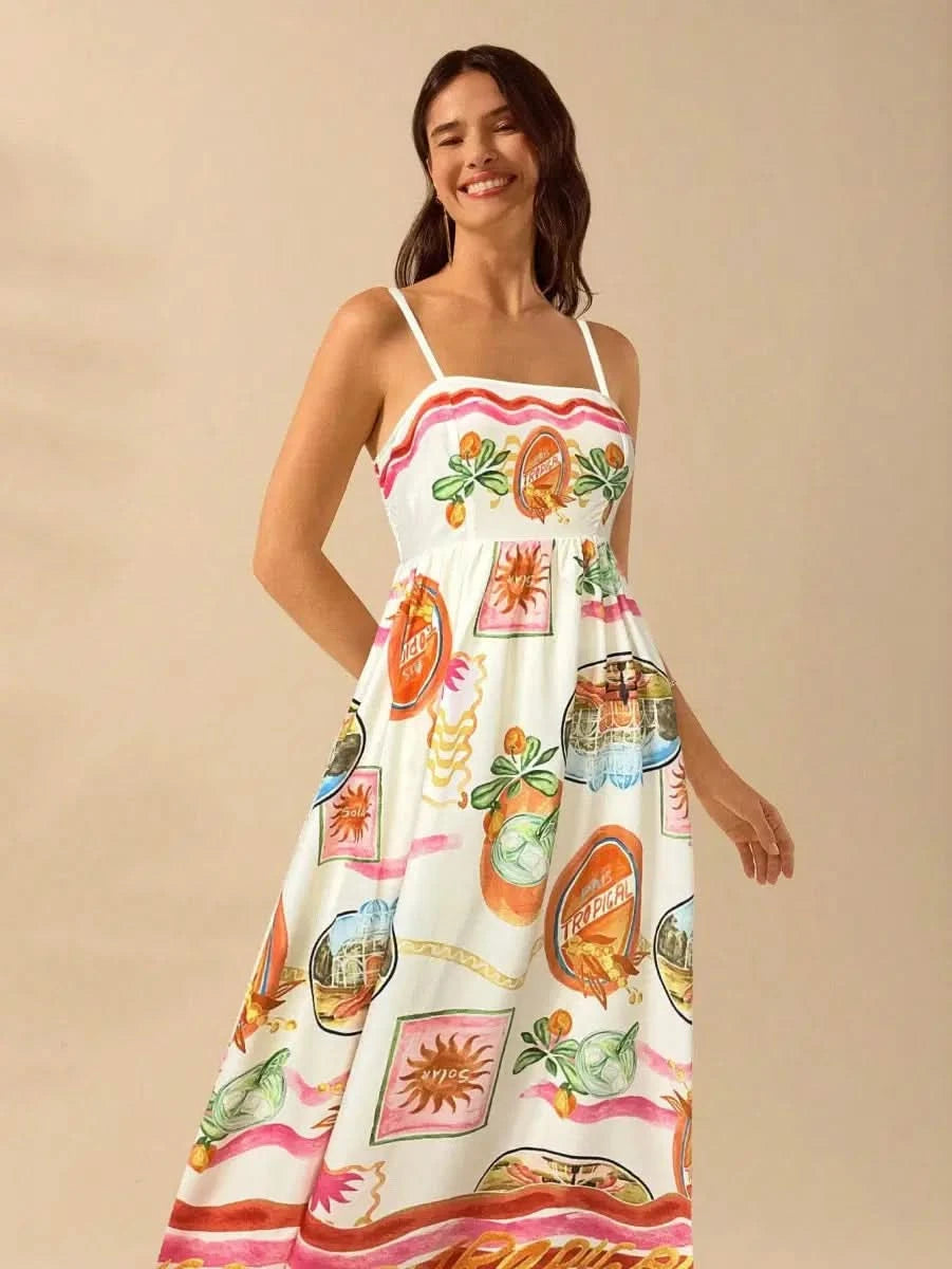Boho Tropical Maxi Dress with Spaghetti Straps & Exclusive Print - Satin Whisper