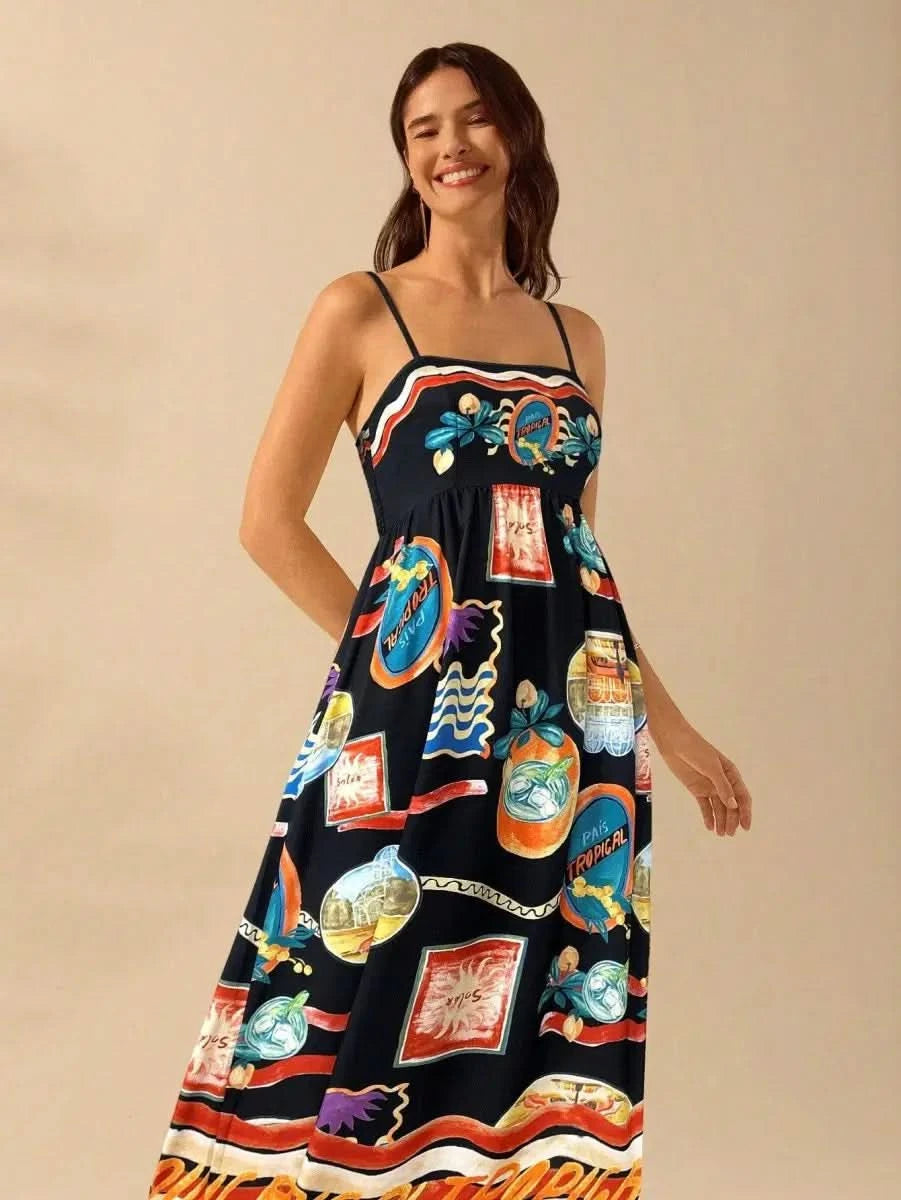 Boho Tropical Maxi Dress with Spaghetti Straps & Exclusive Print - Satin Whisper