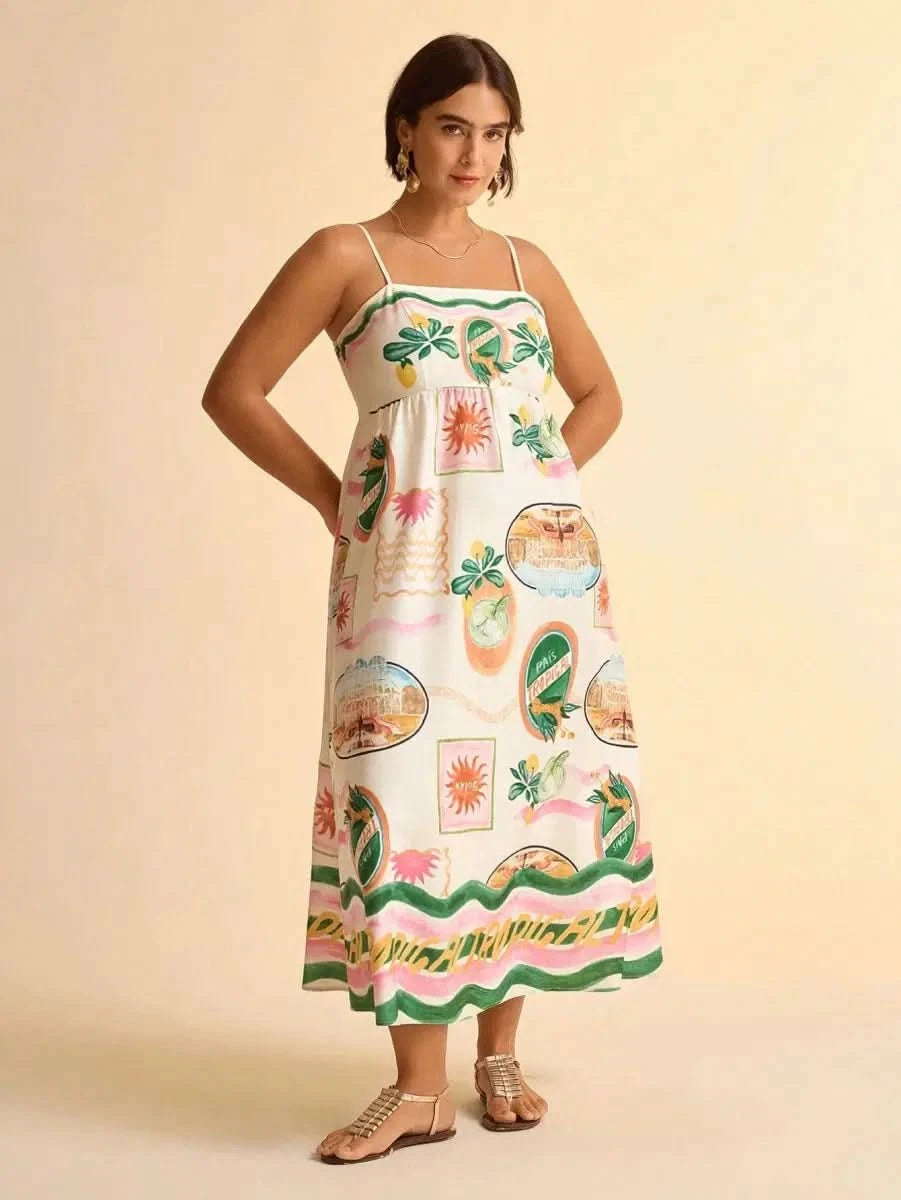 Boho Tropical Maxi Dress with Spaghetti Straps & Exclusive Print - Satin Whisper