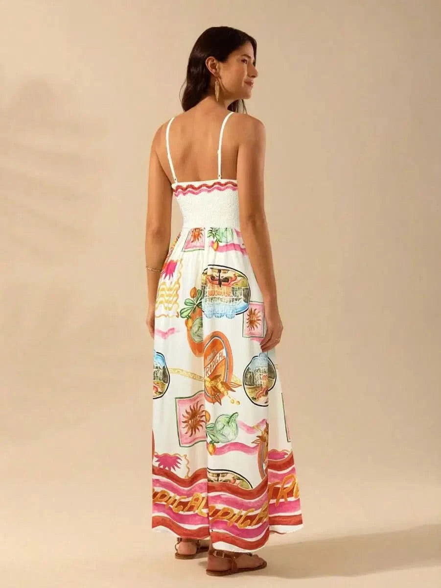 Boho Tropical Maxi Dress with Spaghetti Straps & Exclusive Print - Satin Whisper