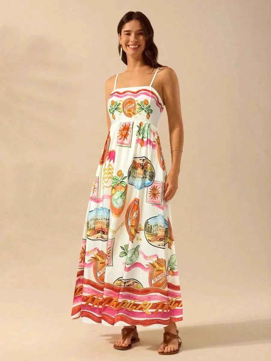 Boho Tropical Maxi Dress with Spaghetti Straps & Exclusive Print - Satin Whisper