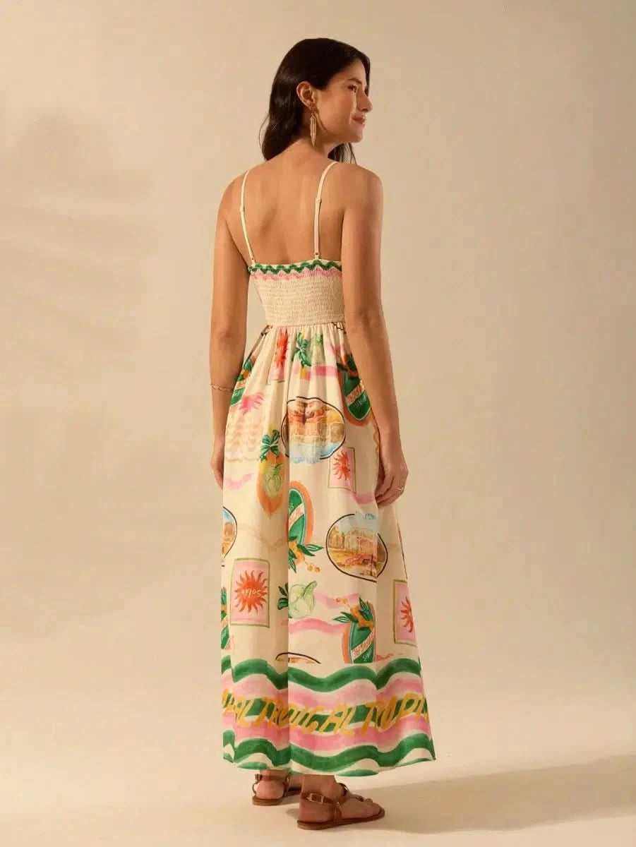 Boho Tropical Maxi Dress with Spaghetti Straps & Exclusive Print - Satin Whisper