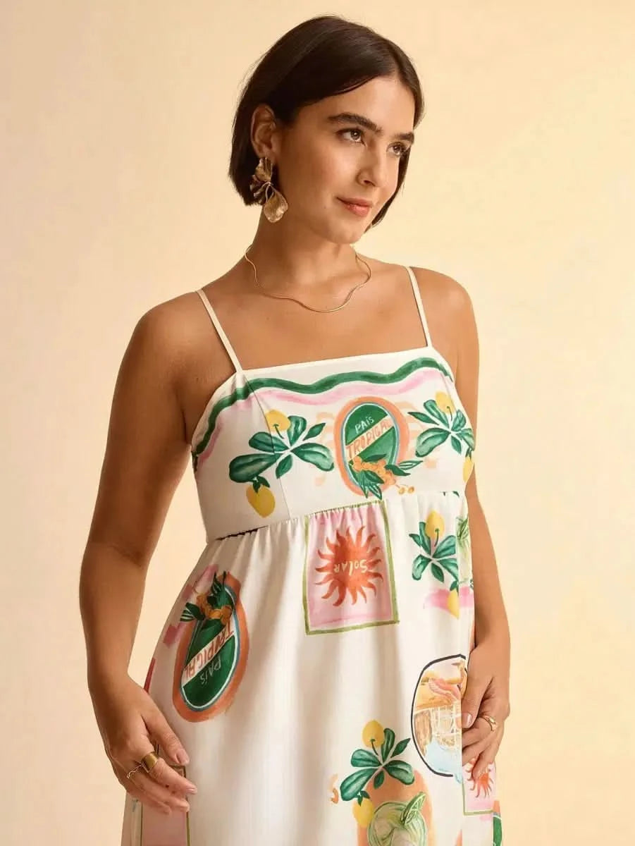 Boho Tropical Maxi Dress with Spaghetti Straps & Exclusive Print - Satin Whisper