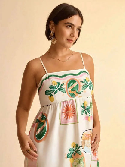 Boho Tropical Maxi Dress with Spaghetti Straps & Exclusive Print - Satin Whisper